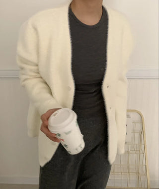 Soft Fluffy Round Neck Snap Button Voluminous Sleeve Cardigan