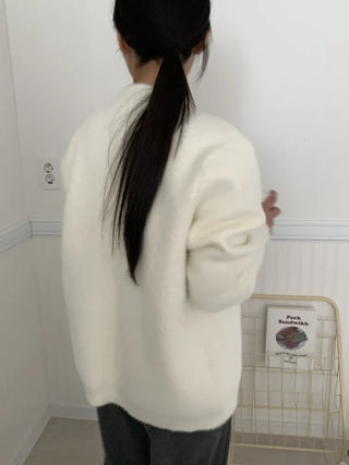 Soft Fluffy Round Neck Snap Button Voluminous Sleeve Cardigan
