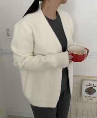 Soft Fluffy Round Neck Snap Button Voluminous Sleeve Cardigan