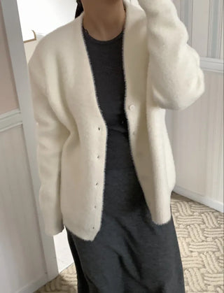 Soft Fluffy Round Neck Snap Button Voluminous Sleeve Cardigan
