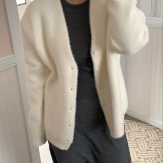 Soft Fluffy Round Neck Snap Button Voluminous Sleeve Cardigan
