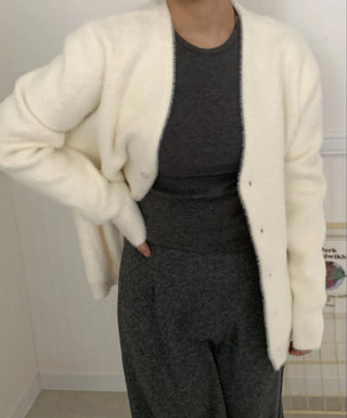 Soft Fluffy Round Neck Snap Button Voluminous Sleeve Cardigan