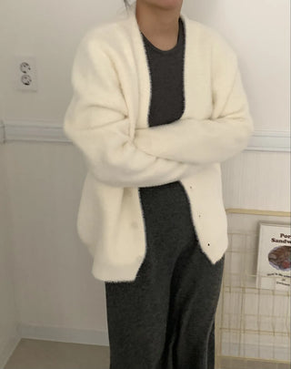 Soft Fluffy Round Neck Snap Button Voluminous Sleeve Cardigan
