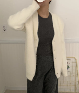 Soft Fluffy Round Neck Snap Button Voluminous Sleeve Cardigan