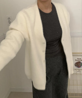 Soft Fluffy Round Neck Snap Button Voluminous Sleeve Cardigan