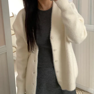 Soft Fluffy Round Neck Snap Button Voluminous Sleeve Cardigan