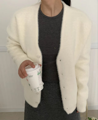 Soft Fluffy Round Neck Snap Button Voluminous Sleeve Cardigan