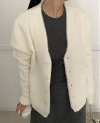 Soft Fluffy Round Neck Snap Button Voluminous Sleeve Cardigan