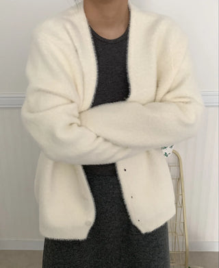Soft Fluffy Round Neck Snap Button Voluminous Sleeve Cardigan