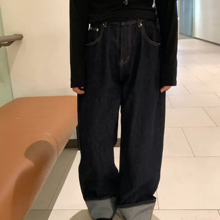 Low-rise oversized double-pleat denim wide pants