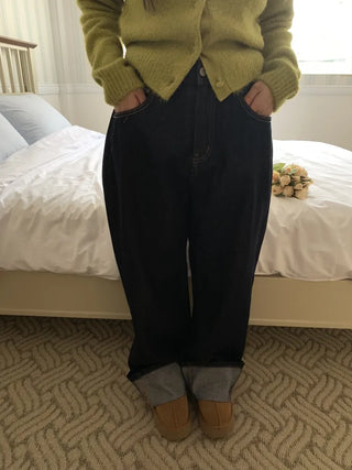 Low-rise oversized double-pleat denim wide pants