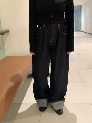 Low-rise oversized double-pleat denim wide pants
