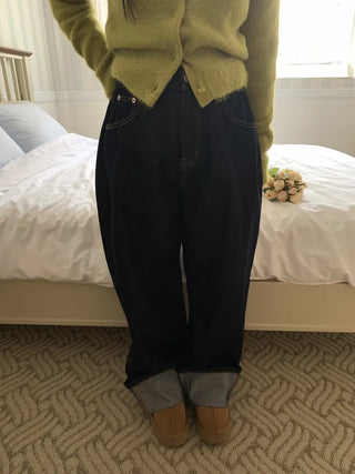 Low-rise oversized double-pleat denim wide pants