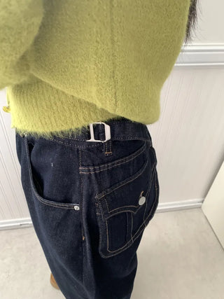 Low-rise oversized double-pleat denim wide pants
