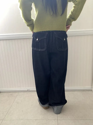 Low-rise oversized double-pleat denim wide pants