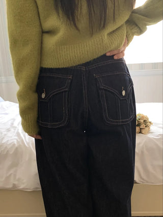 Low-rise oversized double-pleat denim wide pants