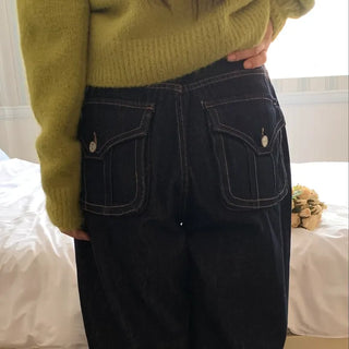 Low-rise oversized double-pleat denim wide pants
