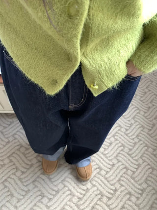 Low-rise oversized double-pleat denim wide pants