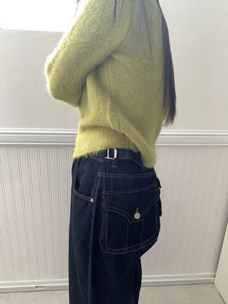 Low-rise oversized double-pleat denim wide pants