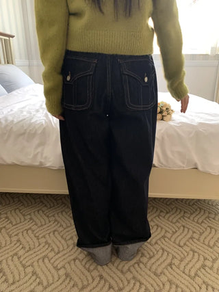 Low-rise oversized double-pleat denim wide pants