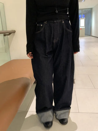 Low-rise oversized double-pleat denim wide pants