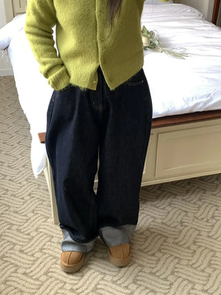 Low-rise oversized double-pleat denim wide pants