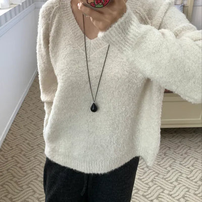 Fluffy Fleece V-Neck Oversized Knit