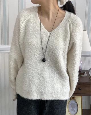 Fluffy Fleece V-Neck Oversized Knit