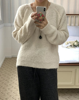 Fluffy Fleece V-Neck Oversized Knit