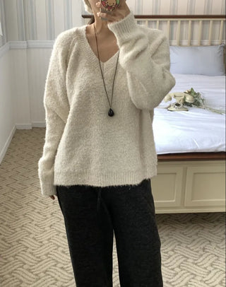 Fluffy Fleece V-Neck Oversized Knit
