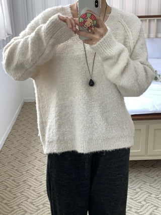 Fluffy Fleece V-Neck Oversized Knit