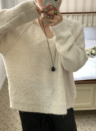 Fluffy Fleece V-Neck Oversized Knit