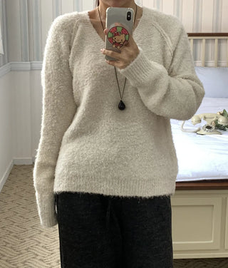 Fluffy Fleece V-Neck Oversized Knit