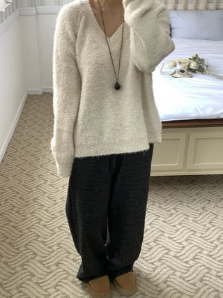 Fluffy Fleece V-Neck Oversized Knit