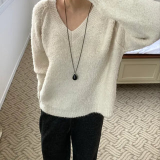 Fluffy Fleece V-Neck Oversized Knit