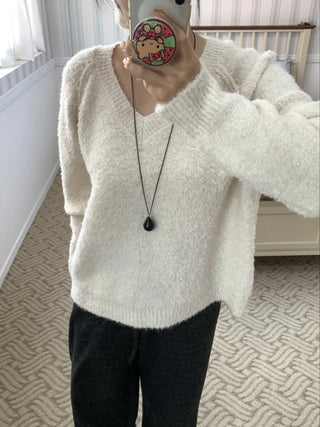 Fluffy Fleece V-Neck Oversized Knit