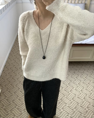 Fluffy Fleece V-Neck Oversized Knit