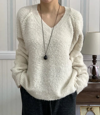 Fluffy Fleece V-Neck Oversized Knit