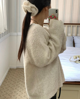Fluffy Fleece V-Neck Oversized Knit