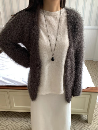 Feather Fur Crop Collarless Bolero Cardigan