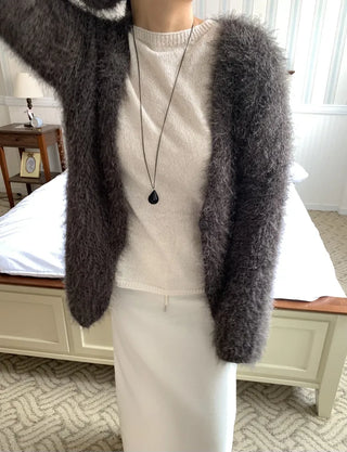 Feather Fur Crop Collarless Bolero Cardigan