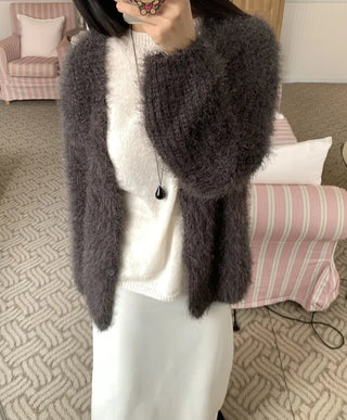 Feather Fur Crop Collarless Bolero Cardigan