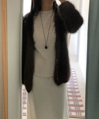 Feather Fur Crop Collarless Bolero Cardigan