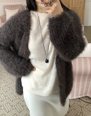 Feather Fur Crop Collarless Bolero Cardigan