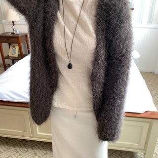 Feather Fur Crop Collarless Bolero Cardigan