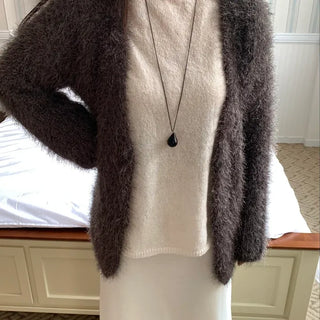 Feather Fur Crop Collarless Bolero Cardigan