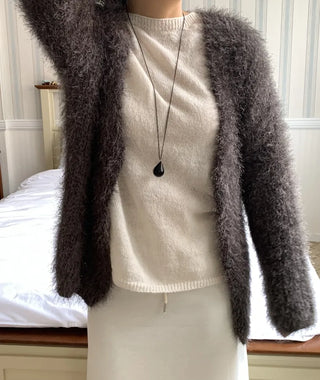 Feather Fur Crop Collarless Bolero Cardigan
