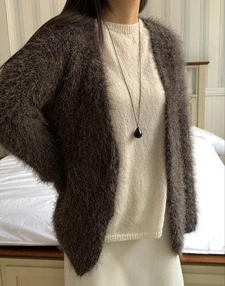 Feather Fur Crop Collarless Bolero Cardigan