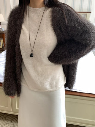 Feather Fur Crop Collarless Bolero Cardigan
