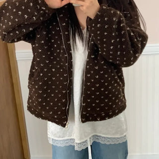 Vintage Heart Embroidery Short Sherpa Zip-up